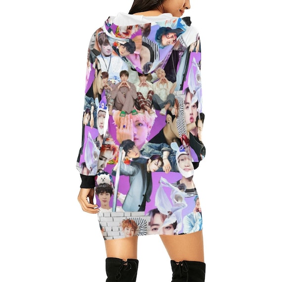 BTS Collage Allover Print Women's Pullover Hoodie Dress K-pop Inspired  Hooded Sweatshirt Bangtan Jin Jungkook V J-hope RM Jimin Suga 