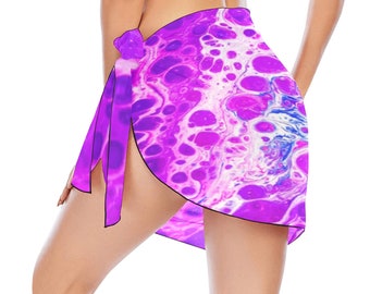 Purple Paint Pour Short Beach Sarong - Beach Cover-up - Chiffon - Side Waist Tie - Summer Fashion - Reversible - Colorful - Swimwear