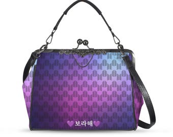 Borahae BTS & ARMY Print Kisslock Crossbody Shoulder Bag Purse - K-Pop Inspired Handbag - Hand Strap and Shoulder Strap - I Purple You