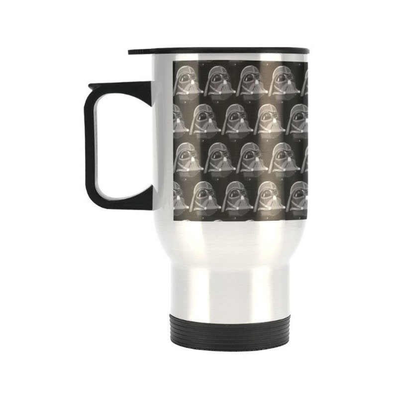 Can Personalize Vader Helmet Print 14 oz Metal Travel Mug w/ Silver Finish Star Wars Inspired Gift Idea Coffee Insulated Handle image 4