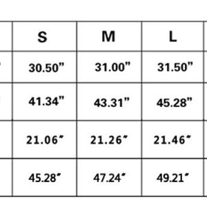 Puede incluir: Una tabla de tallas de ropa con medidas. Las tallas van de XS a XXL. Las medidas de largo var&iacute;an de 76,20 cm a 82,55 cm, el busto de 100,06 cm a 124,99 cm, la manga de 53,01 cm a 56,01 cm y la cadera de 110,01 cm a 134,90 cm.