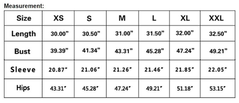 Puede incluir: Una tabla de tallas de ropa con medidas. Las tallas van de XS a XXL. Las medidas de largo var&iacute;an de 76,20 cm a 82,55 cm, el busto de 100,06 cm a 124,99 cm, la manga de 53,01 cm a 56,01 cm y la cadera de 110,01 cm a 134,90 cm.
