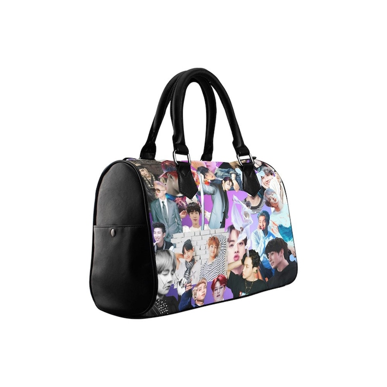 May include: A black leather tote bag with a collage of colorful images of men on the front. The images are of different men, some are smiling, some are serious, and some are looking away from the camera. The bag has two black handles.