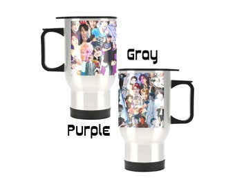 2 Designs - BTS Collages 14 oz Metal Travel Mug w/ Silver Finish - K-Pop Inspired Gift - Coffee - Insulated - Handle - Purple or Gray