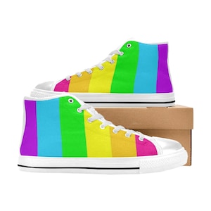 Can Personalize - Women&#39;s Rainbow Stripes Classic High Top Sneakers - LGBTQ+ Skater Shoes - White or Black Sole & Vamp - Gay Pride Fashion