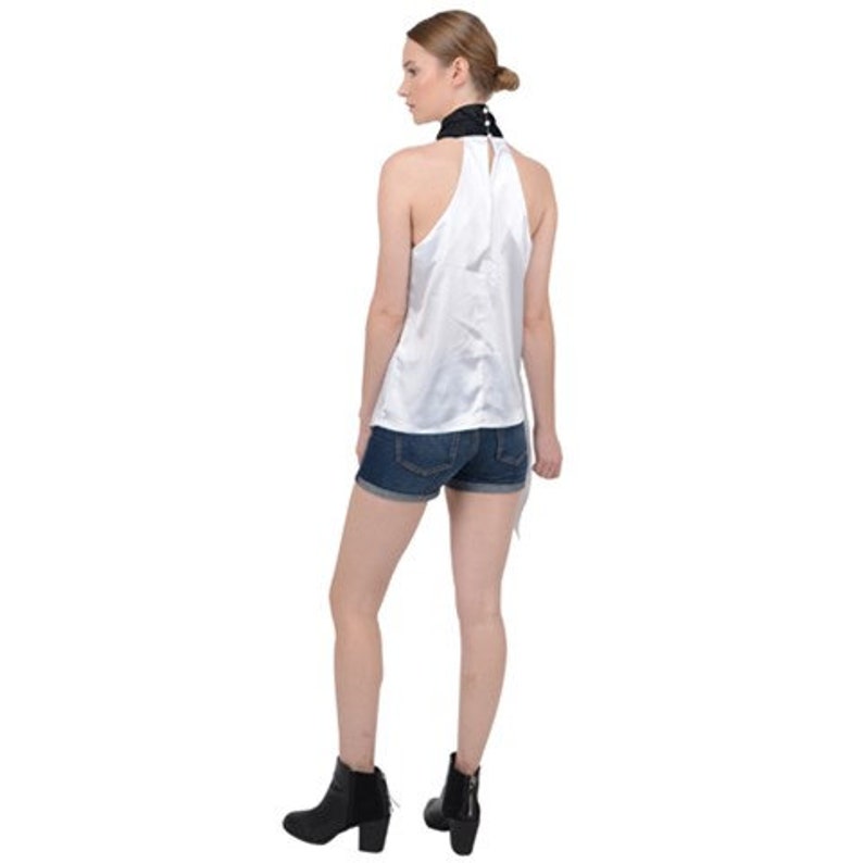 Artoo & Friends Satin Asymmetrical Sleeveless Top Star Wars Inspired Geek Fashion R2-D2 White w/ Black Halter Neck Droids R2D2 image 2