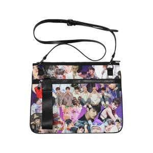 BTS Collage Print Slim Clutch Bag - Bangtan Boys K-Pop Inspired Handbag Shoulder Strap Purse - Jin Suga J-Hope RM V Jimin JungKook - Purple