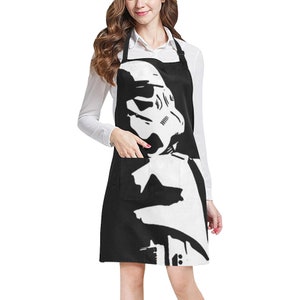 Personalizable - Tall Dark & Stormy Stormtrooper Apron - Tie Back Black White Kitchen Apron w/ Pockets - Star Wars Inspired Gift - Add Name