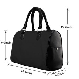May include: Black leather handbag with a top handle and a zippered pocket. The bag measures 15.7 inches tall, 13.4 inches wide, and 6.3 inches deep.