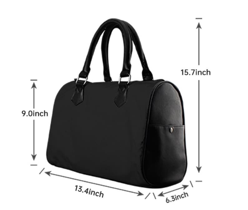 May include: Black leather handbag with a top handle and a zippered pocket. The bag measures 15.7 inches tall, 13.4 inches wide, and 6.3 inches deep.