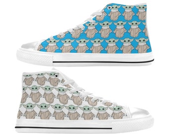 Taglie per uomo e donna - Scarpe classiche di tela alte con stampa The Child - Scarpe alte ispirate a Star Wars - Grogu Baby Yoda - Blu o bianco