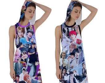 2 Versions - BTS Collage Racerback Hoodie Dress - Sleeveless Hooded Dress - K-Pop Inspired Fashion - Jin Jimin JHope Jung Kook V RM Suga