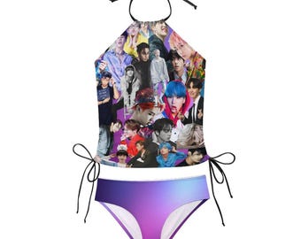 Purple BTS Collage Halter Tankini Two Piece Swimsuit Set - K-pop