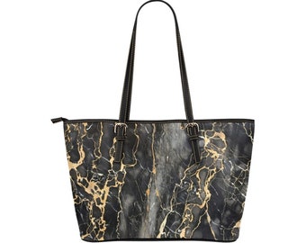 Black and Gold Marble Print Leather Tote Bag w/ Black Trim - Fashion Shoulder Bags & Purses - 2 Sizes - Zipper Top - Inner Compartments