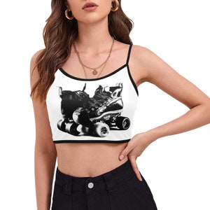 Skate Stamp Spaghetti Strap Crop Top - Roller Derby Inspired Fashion - Roller Skates Print - Roller Girl - White Black - Built-In Bra Pad
