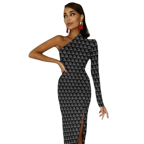 star wars bodycon dress Vader Helmet Print One-Shoulder Slit Maxi Dress - Star Wars Darth Vader  Inspired Women's Fashion - Clubwear - Sexy - Bodycon