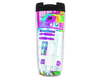 Rainbow Droid Flip Cap 11.8 oz Coffee Cup Travel Mug - Star Wars Fan Gift Idea - Insulated - R2-D2 - Artoo Detoo