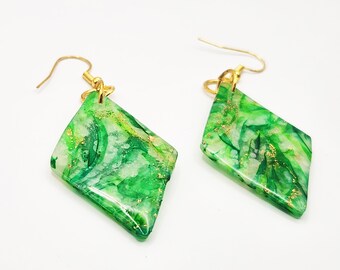 Handmade Medium Green, White & Gold Translucent Polymer Clay Diamond Swirl Earrings w/ Gold Colored Hooks - Dangly Drop Dangle Ear Wire