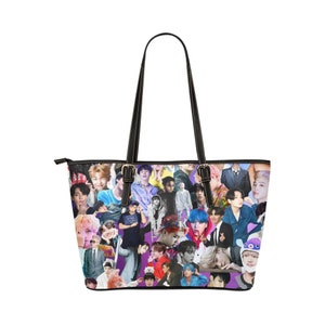 BTS コラージュ レザー トートバッグ ブラックトリム付き - ショルダーバッグ & 財布 - 2 サイズ -K-POP 風ファッション - ジン ジミン Jホープ ジョングク シュガ V RM