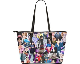 BTS Collage Leather Tote Bag w/ Black Trim - Shoulder Bags & Purses - 2 Sizes -K-Pop Inspired Fashion - Jin Jimin JHope JungKook Suga V RM