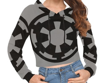 Imperial Cog on Flat Gray Print Crop Hoodie - Star Wars Inspired Fashion - Lightweight Pullover Hooded Cropped Top - Empire Dark Side Geek