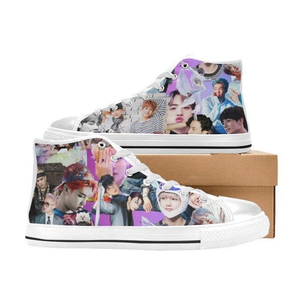 BTS Collage Print Classic High Top Sneakers pour femmes - Options de semelle et de vamp blanches ou noires - Chaussures de mode inspirées de Bangtan Boys K-Pop