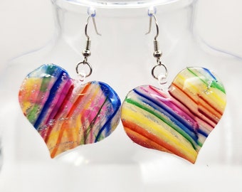 Handmade Medium Wacky Rainbow in Translucent Polymer Clay Heart Shaped Earrings w/ Silver Colored Hooks - Dangly Drop Dangle Ear Wire