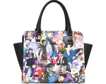 Purple BTS Collage Classic Shoulder Bag with Removable/Adjustable Shoulder Strap - K-Pop Inspired Purse - Hand Bag - Top Handle - Handbag
