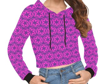 Purple & Pink Imperial Cog Print Crop Hoodie - Star Wars Inspired Fashion - Lightweight Pullover Hooded Cropped Top - Empire Dark Side Geek