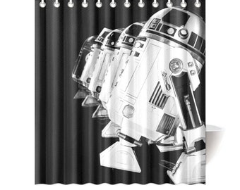 8 Sizes - R2-D2 & Friends Black and White Shower Curtain - Star Wars Inspired Artoo Detoo Droid Bathroom Decor - Personalized Text Available