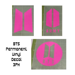 Paquete de 3 calcomanías de vinilo permanentes BTS de 3&quot; - Varios colores - Símbolos ARMY de BTS - Idea de regalo de K-Pop - Calcomanía para calcetín - Calcomanía para parachoques