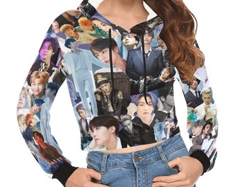 BTS Gray Collage Print Crop Hoodie - K-Pop Fashion - Lightweight Pullover Hooded Cropped Top - Jin Jimin Jung Kook V Rm Suga JHope