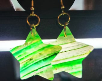 Handmade Green, White & Gold Translucent Polymer Clay Star Dangle Earrings w/ Gold Colored Hooks - Dangly - Drop Earrings - Ear Wire