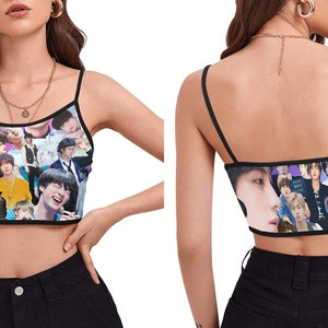 7 Options - BTS Bias Member Collage Spaghetti Strap Crop Top - K-Pop Inspired Fashion - ARMY - Jin Jimin Jungkook V RM Suga J-Hope - Purple