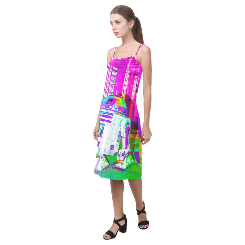 Star Wars Inspired Fashion Sleeveless R2-D2 Geek Girl Artoo Detoo Rainbow Droid Alcestis Slip Dress Neon Spaghetti Strap