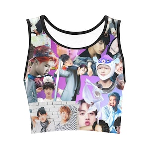 BTS Collage Crop Top - K-Pop Inspired Women&#39;s Fashion - Bangtan - ARMY - Jin Jimin Jungkook V RM Suga J-Hope - Purple - Kpop Fan Girl Shirt
