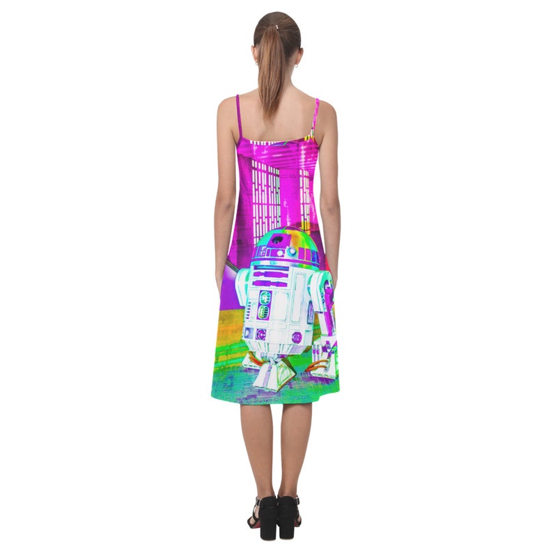 Star Wars Inspired Fashion Sleeveless R2-D2 Geek Girl Artoo Detoo Rainbow Droid Alcestis Slip Dress Neon Spaghetti Strap