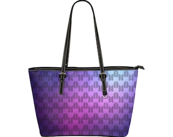 Can Personalize - BTS & ARMY Logos Print Leather Tote Bag w/ Black Trim - Shoulder Bags and Purses - 2 Sizes K-Pop Inspired Fashion - Purple