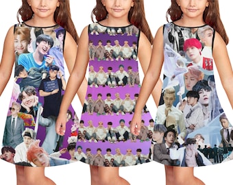 3 Designs - BTS Girl's Sleeveless Summer Sun Dress - Children's Wear - K-Pop Inspired Kid's Fashion - JHope Jimin Jin JungKook RM Suga V