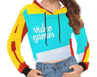 Video Games Print Crop Hoodie - Coney Island Wall Art - Lightweight Pullover Hooded Cropped Top - Gamer Girl - Geek Fashion - Colorful