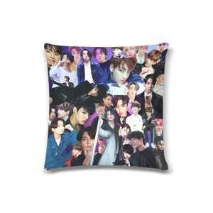 May include: A colorful pillowcase featuring a collage of images of a popular boy band. The pillowcase is purple, blue, and white with images of the band members in various poses.