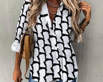 Blusa de manga larga con estampado en blanco y negro de Leia de perfil - Moda inspirada en Star Wars - Ropa de oficina - Moda geek - Talla pequeña - 8X