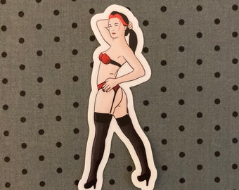 Red hair black lingerie pin up girl vinyl sticker