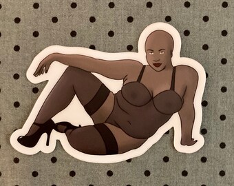 Bald woman black lingerie pin up girl vinyl sticker