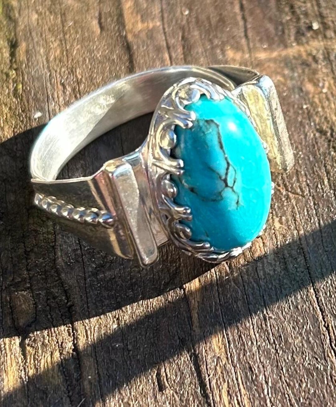 we took our beloved hand hammered band and made it... Handmade Sterling Silver and Stablized Sleeping Beauty Turquoise Ring ...