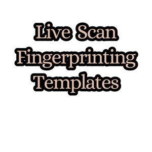 Peut inclure: Un graphique numérique affichant le texte Live Scan Fingerprinting Templates dans une police grasse sans empattement. Les lettres sont beige clair avec un contour noir épais, disposées sur trois lignes sur un fond blanc uni.