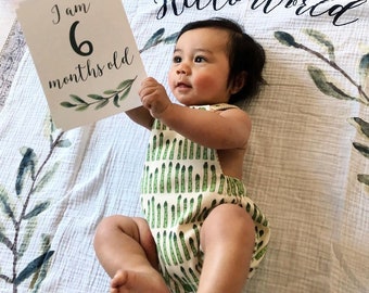 organic baby toddler romper in asparagus and contrast citron stripes prints, sunsuit, baby gift, organic baby, summer clothes--2 styles