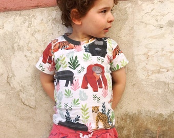 Organic toddler t shirt safari print, 6mos - 8, girl top, boy shirt, baby top, endangered species snow leopard/gorilla/orangutan/tiger/rhino