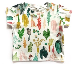 Organic baby t shirt vegetable print, 6 mos - 8, veggies, flowers, carrot, artichoke, boy girl baby shirt,  baby top, toddler t shirt, gift