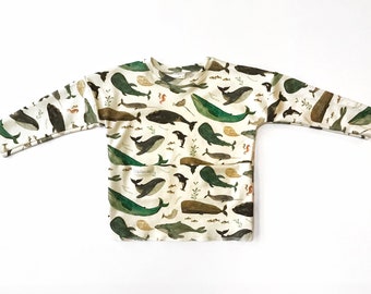 Organic baby loose long sleeved top-2 pockets, whale print, 12 mos-5T, girl top, boy top, toddler t-shirt, gift, unisex, long sleeved tshirt
